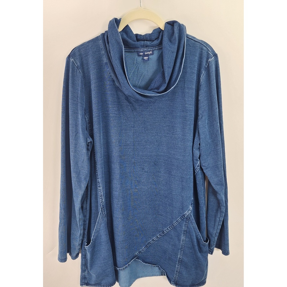 Pure Jill Denim Cowl Neck Tunic Top Women's LP Buttery Soft Blue Pockets